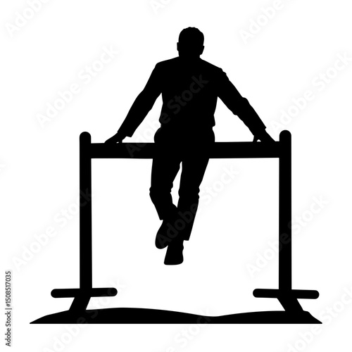 Man performing exercise on parallel bars in silhouette against white