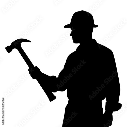 Silhouette of a man holding a hammer while standing confidently  