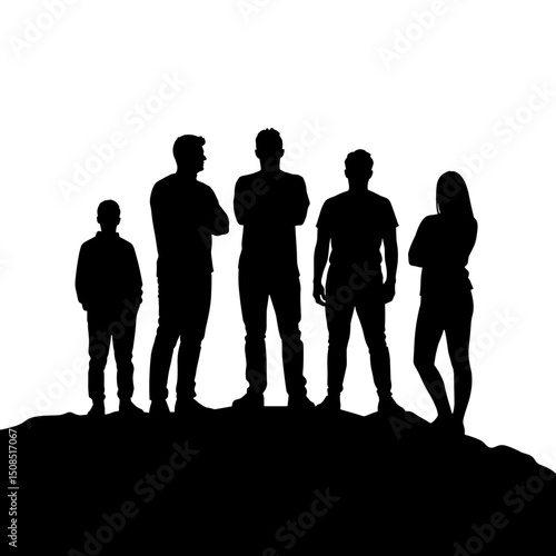 Group of five silhouetted people standing on a hilltop against white background  