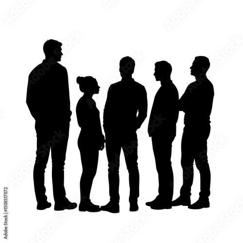 Group of five silhouetted people standing and conversing together  