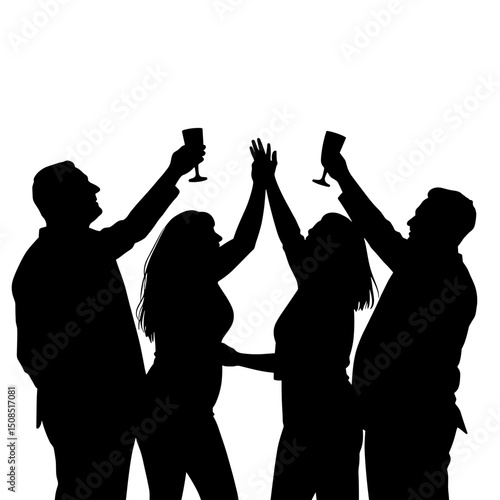 Silhouettes of four people raising glasses in celebration at night  