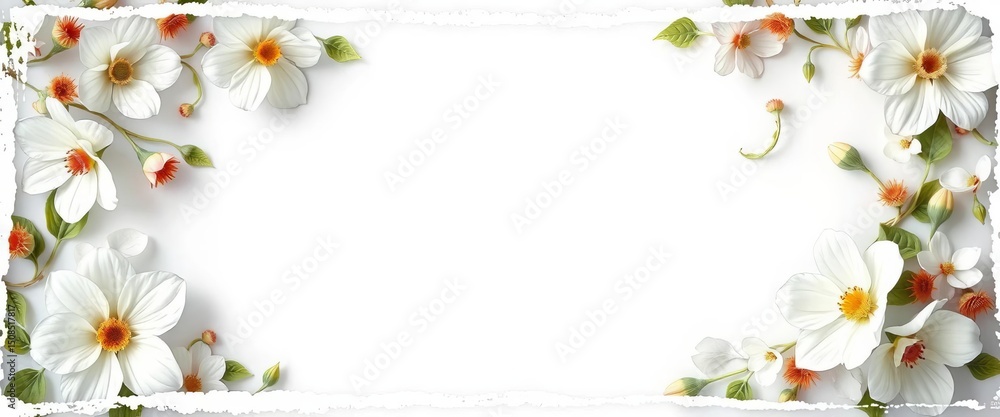 Obraz premium White vintage floral frame with grunge edges, perfect for holiday cards, scrapbook pages, or photo banners, scrapbook, paper texture