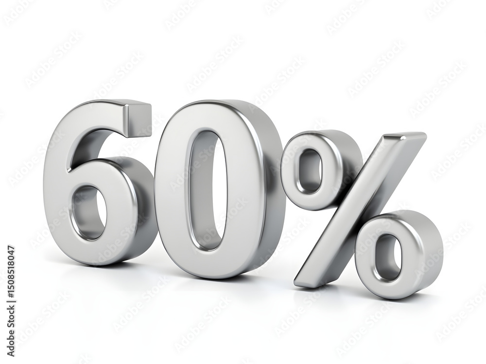 60 percent symbol, 3d render, metal, chrome, shiny, reflective, plain background 60 percent symbol, 3d render, metal, chrome, shiny, reflective, plain background