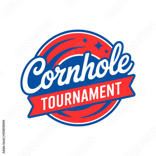 Cornhole Tournament Logo with Bold Typography, Vector graphic of a cornhole tournament logo featuring bold script and banner text, ideal for event branding or promotional use.

