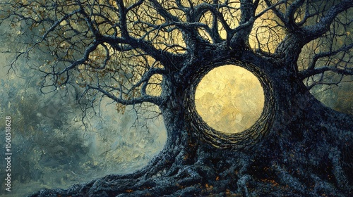 Fantasy art a mysterious tree with portals to alternate realities in a dreamlike enchanted forest