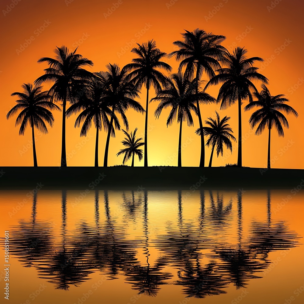 Obraz premium Silhouette of palm trees at sunset over water.