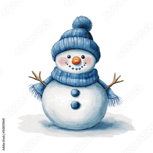 watercolor illustration of a cute snowman with hat and  scarf on transparent background