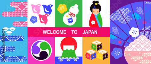  Welcome to Japan template art poster, travel banner  Vector icon illustration
