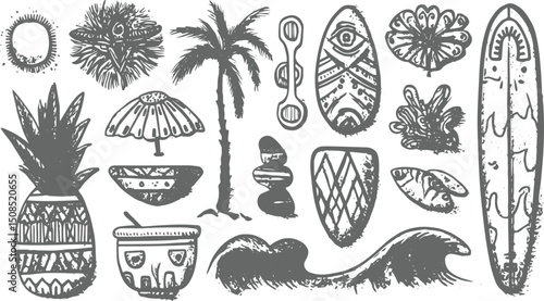 Hand drawn sketch style summer vacation collection. vector hand drawn exotic vacation line illustration, pool party kit