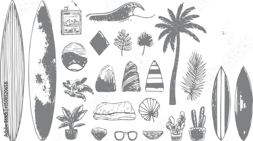 Hand drawn sketch style summer vacation collection. vector hand drawn exotic vacation line illustration, pool party kit
