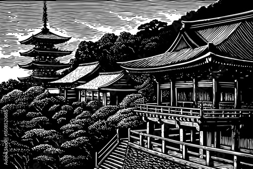 Kiyomizu dera japon temple in the morning black and white isolated hand drawn sketch vector