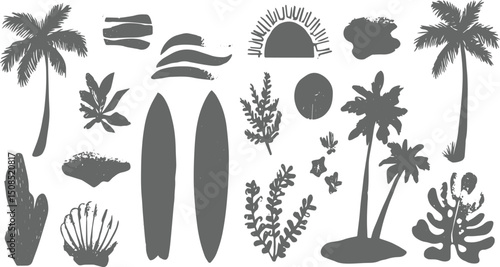 Hand drawn retro coastal summer vacation collection, vacation holiday black and white vector seamless pattern