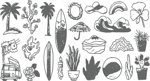 Italian or Spanish summer woman vacation doodle style illustration set. Vector ink hand drawn Italy coast, summer tropical beach seamless pattern cute hand-drawn palm tree, vacation, 