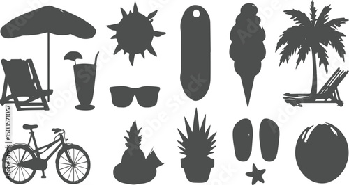 Hand drawn retro coastal summer vacation collection, vacation holiday black and white vector seamless pattern
