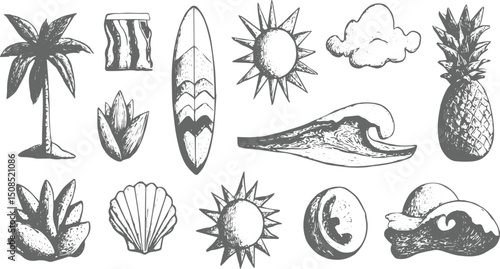 Hand drawn retro coastal summer vacation collection, vacation holiday black and white vector seamless pattern