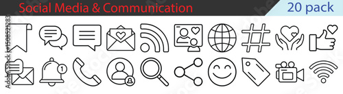 A collection of twenty modern line art icons for social media use