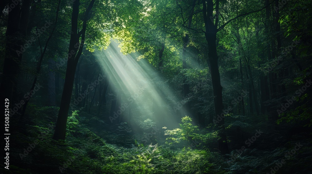 Obraz premium Sunlight Streams Through Lush Green Trees in a Serene Forest Landscape, Creating a Magical Nature Scene