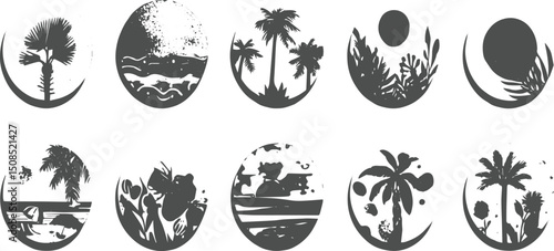 summer vacation, circular panels, beach chair vector silhouette illustration, Hand drawn summer symbols doodle