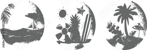 summer vacation, circular panels, beach chair vector silhouette illustration, Hand drawn summer symbols doodle