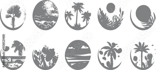 summer vacation, circular panels, beach chair vector silhouette illustration, Hand drawn summer symbols doodle