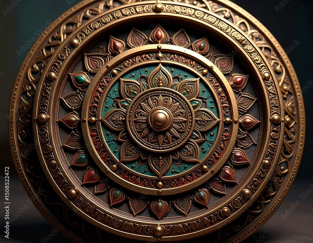 Fototapeta premium Ornate circular shield with intricate metallic design and gemstone accents