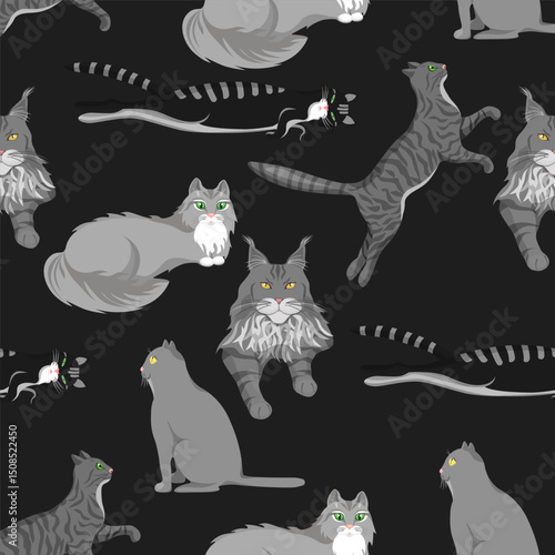 Seamless pattern gray cartoon cats on a black background. Vector pattern for textiles, notebook covers.