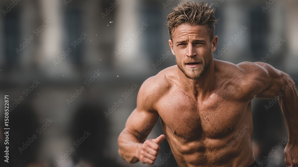 Fototapeta premium Muscular man sprinting shirtless outdoors with determined expression on face. Exercises that burn fat quickly. Athletic shirtless man running, strength and determination in fitness concept