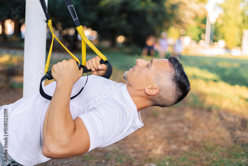 Sportsman using trx fitness straps when performing chin-ups
