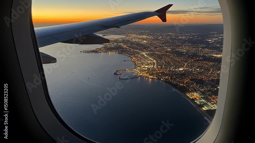Aerial view of illuminated coastal city during sunset from airplane window