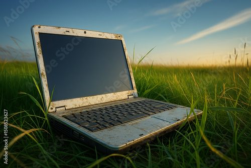 Old broken laptop on the grass field. 