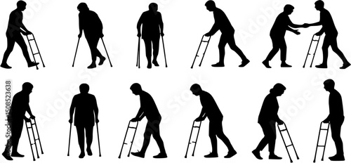 Young person helping elderly person walking with walking aids silhouette set collection.
