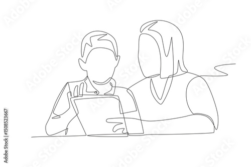 Students and teachers using touch pads concept one-line drawing