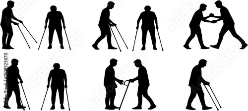 Young person helping elderly person walking with walking aids silhouette set collection.
