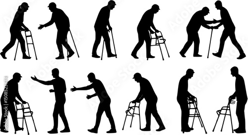 Young person helping elderly person walking with walking aids silhouette set collection.
