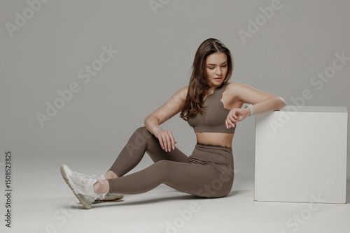 Focused woman engaging in fitness routine at a modern studio during a professional photoshoot