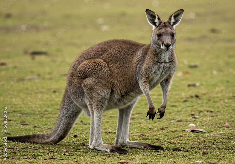 A kangaroo stands alert in a grassy field A kangaroo stands alert in a grassy field