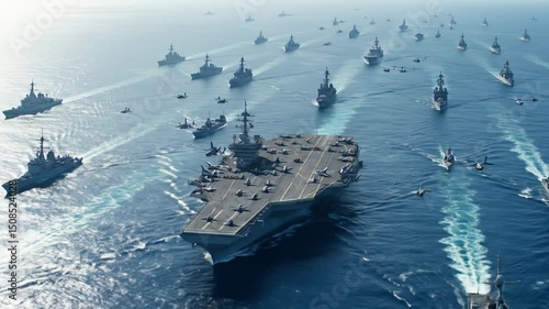 Aerial view of numerous naval vessels and aircraft carriers in a large body of water