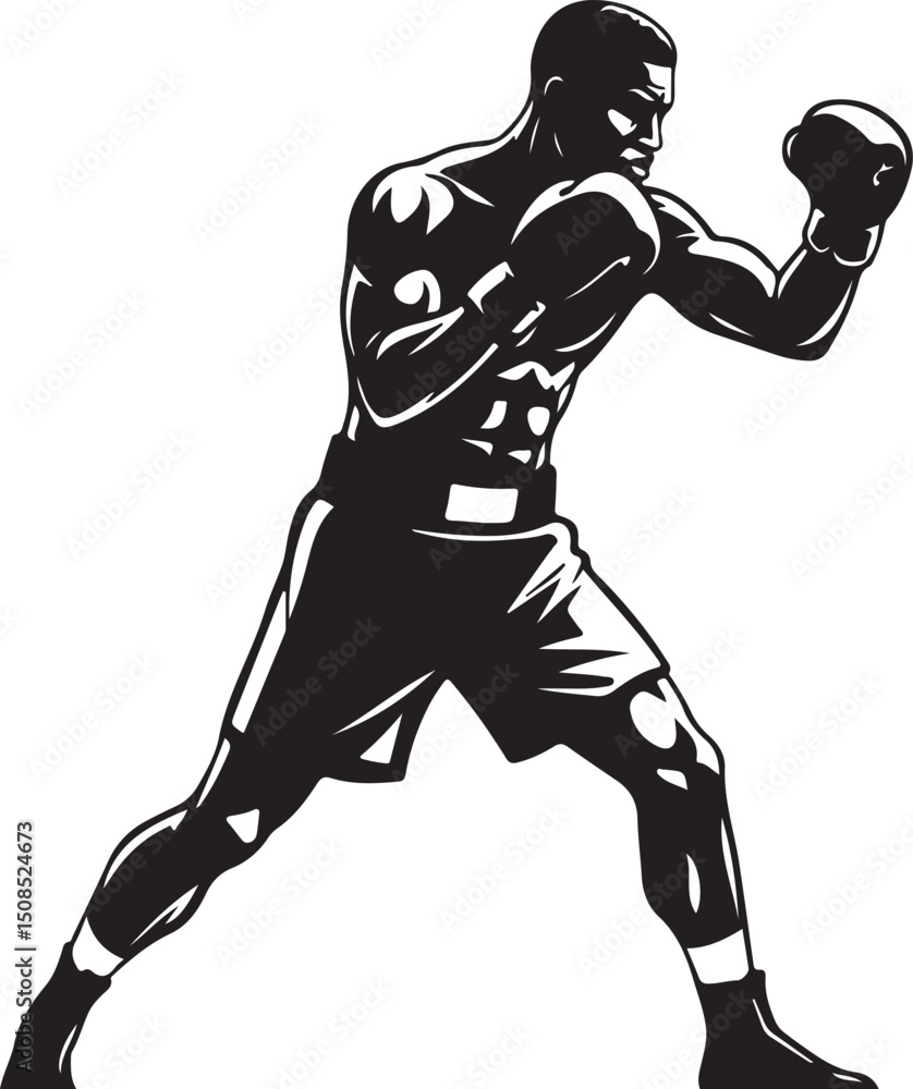 Fototapeta premium Powerful Boxer Silhouette Striking a Punch, Black and White Illustration