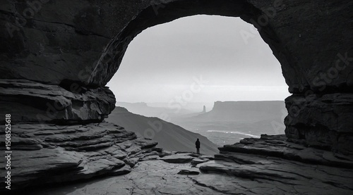 Solitary Figure in a Monochrome Landscape Viewed Through a Rock Arch