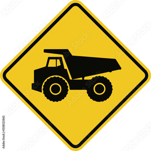 dump truck caution sign in yellow diamond shape indicating heavy construction vehicle or roadwork zone warning