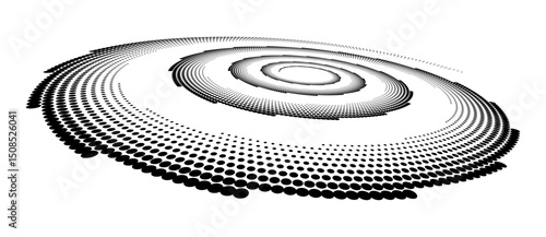 Abstract halftone dotted circle advertising background or design element. Optical illusion effect. Creative halftone spiral polka dots vector in perspective view.
