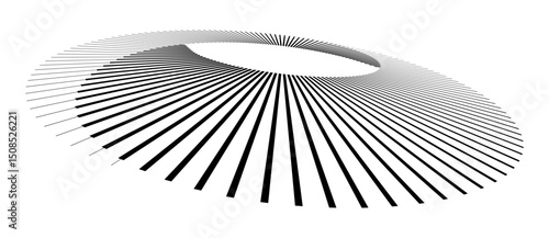 Lines in circle abstract background. Dynamic transition illusion. Black shape on a white background. Perspective view.