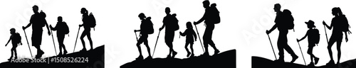Family Hiking Silhouette on Nature Trail Vector Illustration.