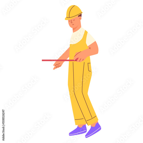 Male labourer uses a tape measure to measure the distance