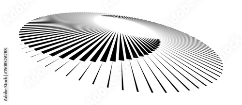 Lines in circle abstract background. Dynamic transition illusion. Black shape on a white background. Perspective view.