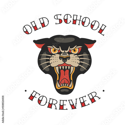 Old School Tattoo Black Panther for apparel print design and temporary tattoo sticker. "Old School Forever" concept for t-shirt print. Old school Panther head in tradition style editable vector design