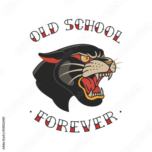 Old School Tattoo Black Panther for apparel print design and temporary tattoo sticker. "Old School Forever" concept for t-shirt print. Old school Panther head in tradition style editable vector design