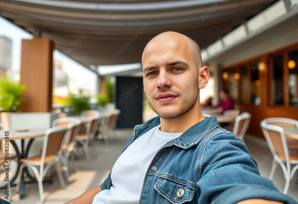 Fototapeta premium Bald head, trendy outfit, cafe terrace, relaxed pose, outdoor setting, low angle, relaxing, view