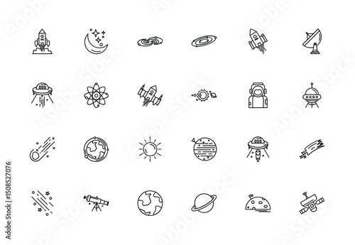 Space icons rockets planets galaxies astronauts UFOs sun moon stars satellite telescope comet atom