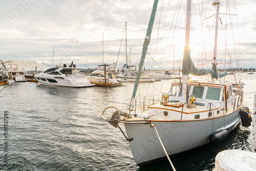Luxury Yachts in a marina under cloudy sky at sunset in autumn